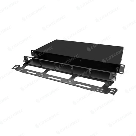 Gabinete de fibra óptica de alta densidad MF Series HD de 1U y 5 ranuras con barra de soporte en la puerta frontal para montaje en rack.